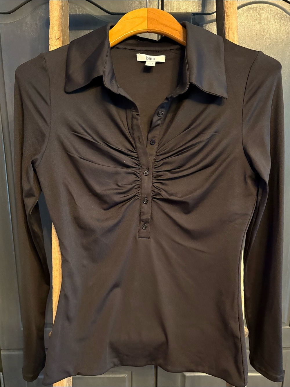 Bar III Black Long-Sleeve Ruched Polo Top
